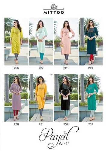 Payal Vol 14 - Embroidered Rayon Long Kurti, Sizes M to XXXL, 3/4 Sleeve, Suitable for All Seasons and Quick Dry