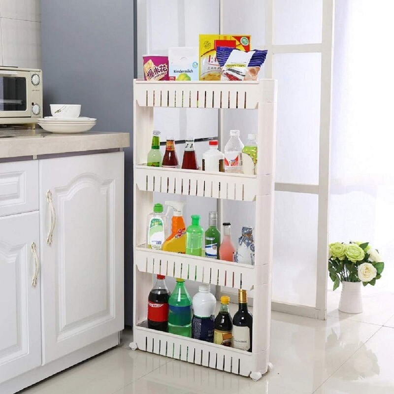 4 Tier Kitchen Rack Wheels - Plastic, 54.2 X 12.1 X 99 Cm | White, Ideal For Kitchen Storage And Organization