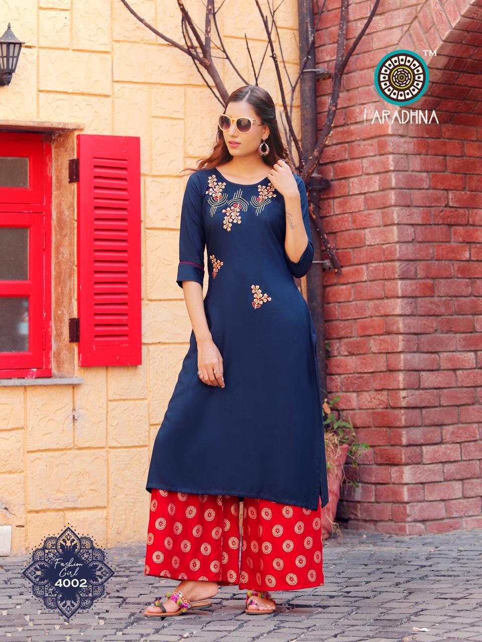Fashion Girl Vol 4 - Heavy Rayon Kurti With Embroidery, Plazo With Ordinary & Gold Print | 3-4th Sleeve, Ethnic Style, Custom Logo, Quick Dry, Washable