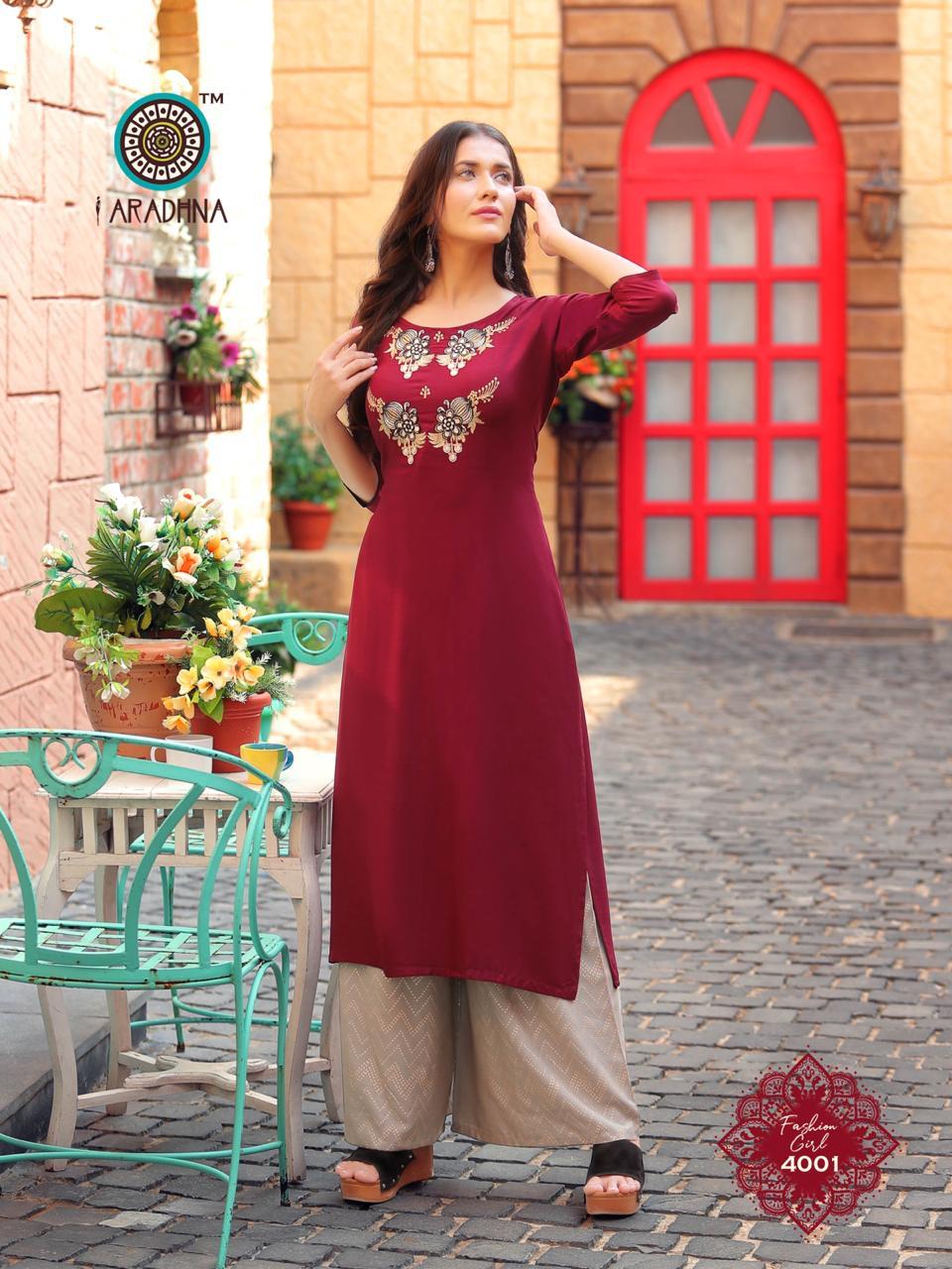 Fashion Girl Vol 4 - Heavy Rayon Kurti With Embroidery, Plazo With Ordinary & Gold Print | 3-4th Sleeve, Ethnic Style, Custom Logo, Quick Dry, Washable