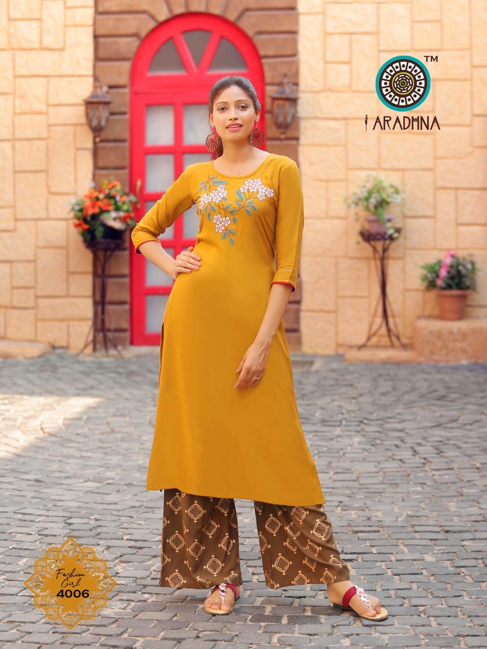 Fashion Girl Vol 4 - Heavy Rayon Kurti With Embroidery, Plazo With Ordinary & Gold Print | 3-4th Sleeve, Ethnic Style, Custom Logo, Quick Dry, Washable