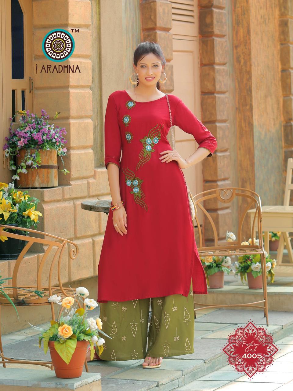 Fashion Girl Vol 4 - Heavy Rayon Kurti With Embroidery, Plazo With Ordinary & Gold Print | 3-4th Sleeve, Ethnic Style, Custom Logo, Quick Dry, Washable