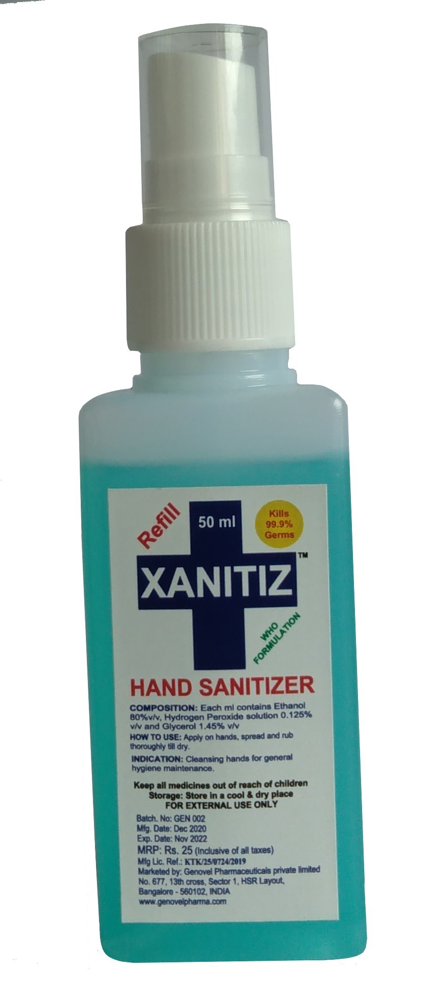 Liquid Hand Sanitizer - Ethanol 80% V/v, Hydrogen Peroxide 0.125% V/v, Glycerol 1.45% V/v, 25 Ml Sea Blue | Anti-bacterial, Fine Mist Spray Cap