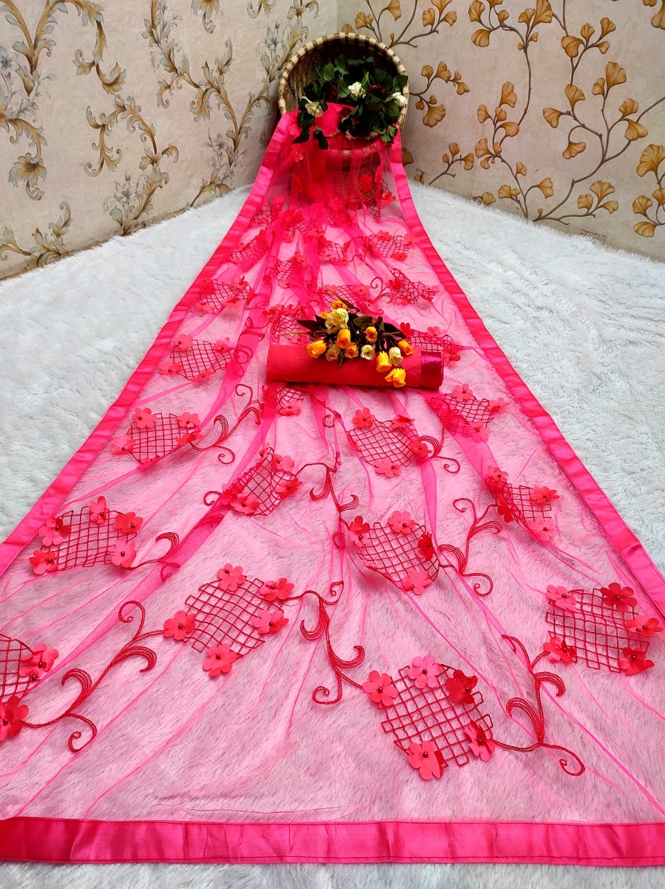 Ladies Flower Net Saree - Multi Colour, Heavy Chian Embroidery Work With Beautiful 3d Flower | Versatile For Rainy, Spring, Summer, Winter Seasons, Bollywood Style