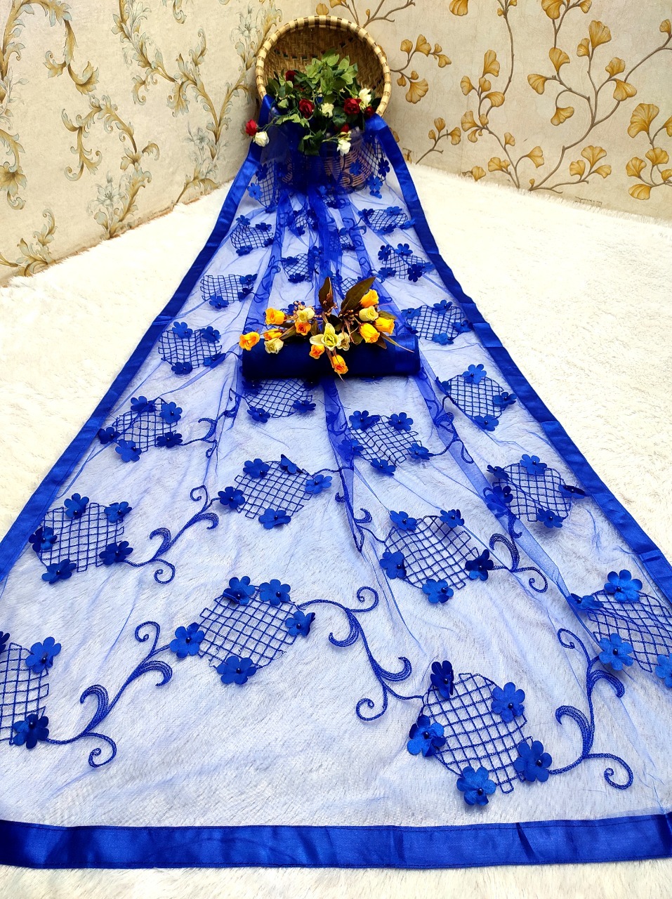 Ladies Flower Net Saree - Multi Colour, Heavy Chian Embroidery Work With Beautiful 3d Flower | Versatile For Rainy, Spring, Summer, Winter Seasons, Bollywood Style