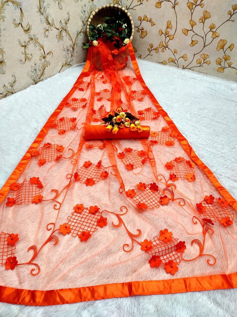 Ladies Flower Net Saree - Multi Colour, Heavy Chian Embroidery Work With Beautiful 3d Flower | Versatile For Rainy, Spring, Summer, Winter Seasons, Bollywood Style