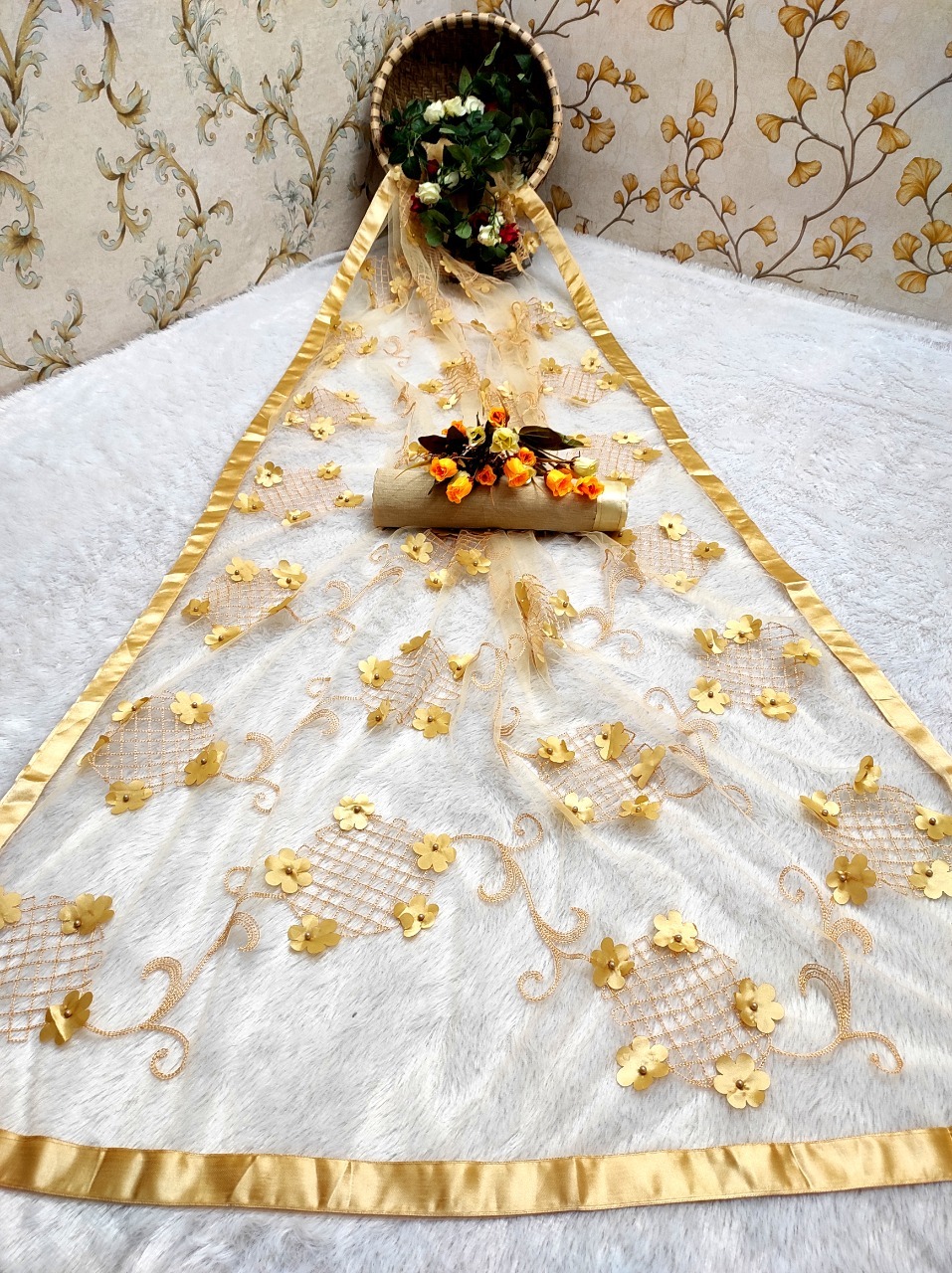 Ladies Flower Net Saree - Multi Colour, Heavy Chian Embroidery Work With Beautiful 3d Flower | Versatile For Rainy, Spring, Summer, Winter Seasons, Bollywood Style