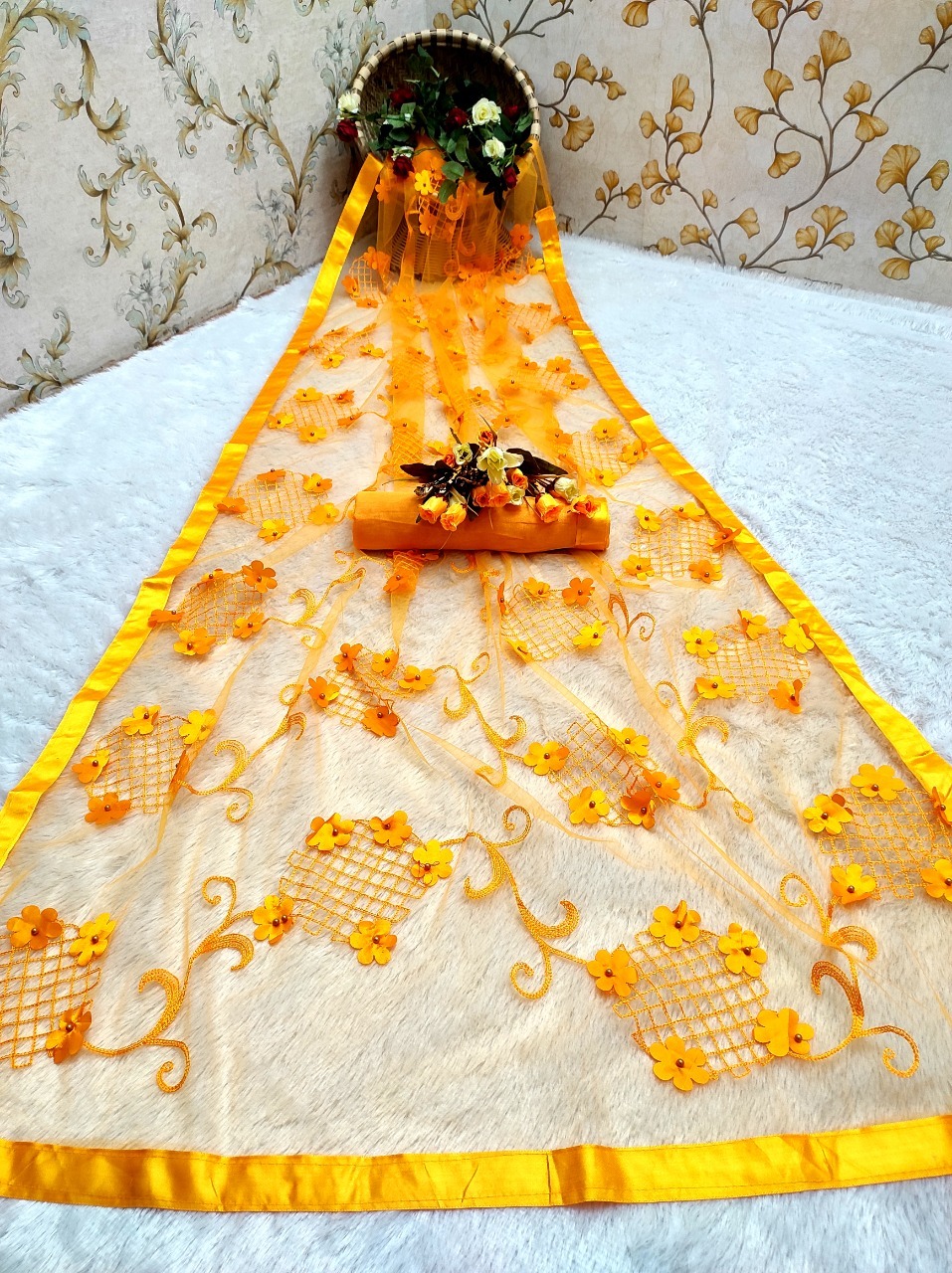 Ladies Flower Net Saree - Multi Colour, Heavy Chian Embroidery Work With Beautiful 3d Flower | Versatile For Rainy, Spring, Summer, Winter Seasons, Bollywood Style