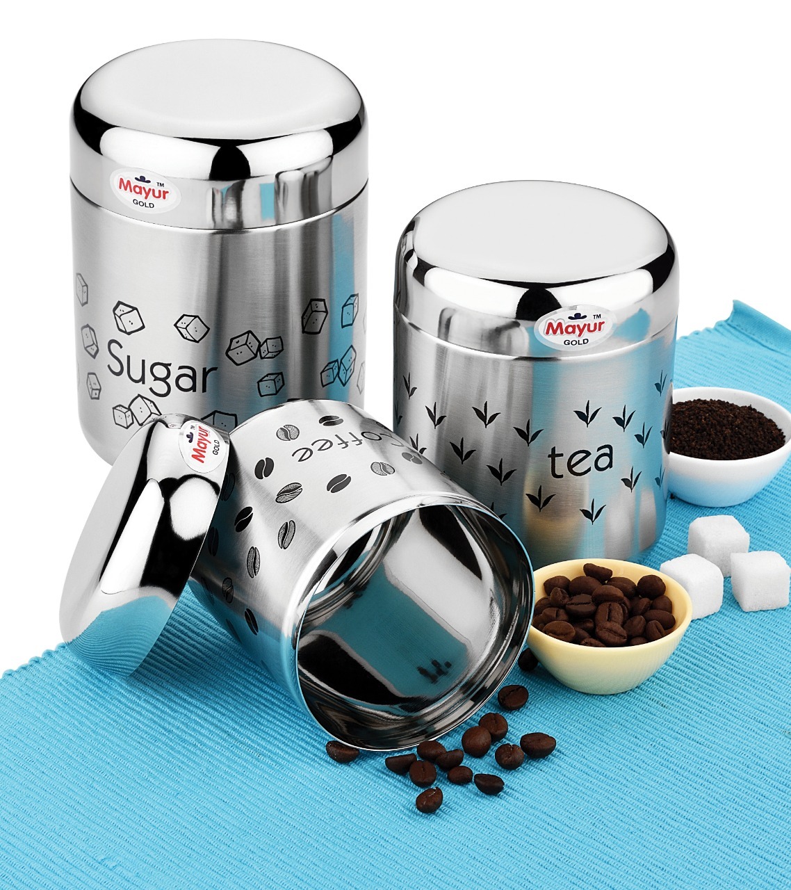 Tea Coffee Sugar Container Set - Stainless Steel, 500-900 Ml Capacity, Elegant Silver Finish | Airtight, Leak-proof, Dishwasher Safe Design