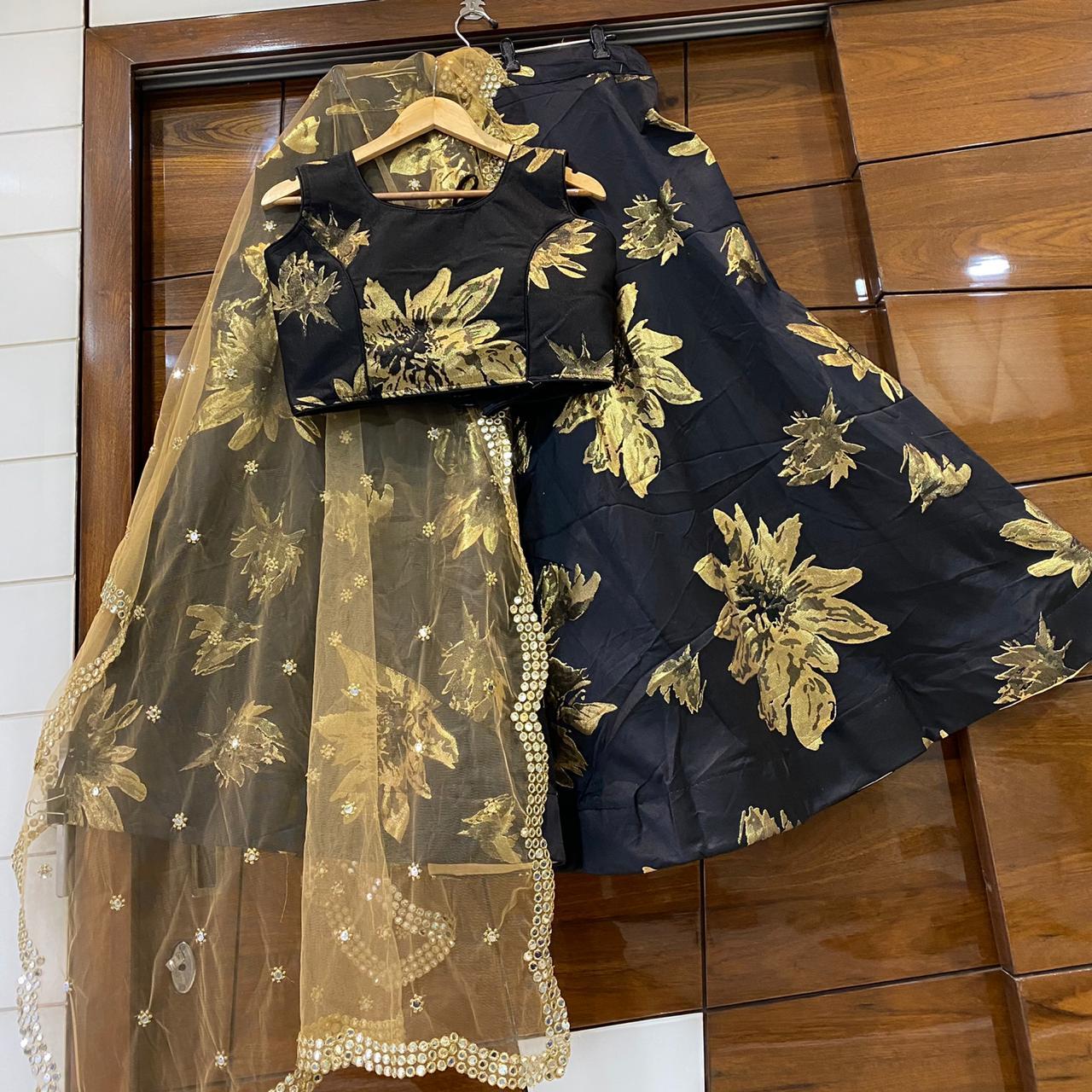 Banarasi Heavy Silk Lehenga - Multi Color Size 42 4 Mtr Flair | Deeply Designed Flower Work Padded Blouse & Net Dupatta