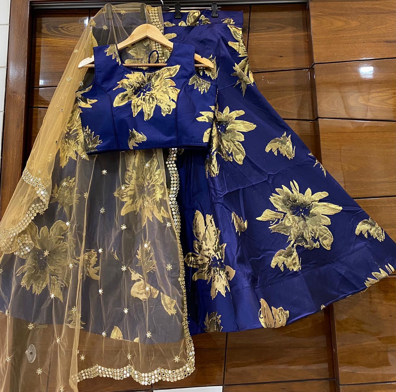 Banarasi Heavy Silk Lehenga - Multi Color Size 42 4 Mtr Flair | Deeply Designed Flower Work Padded Blouse & Net Dupatta