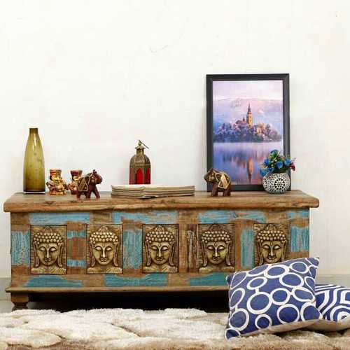 Wooden Side Table - Mango Wood, 48" x 18" x 18" Distressed Design , Bohemian Style with 3 Drawers in Blue