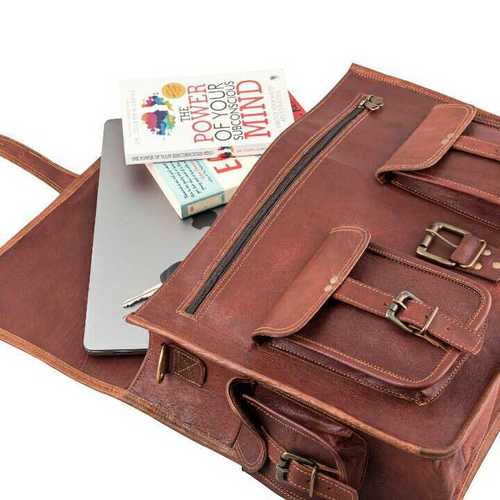Genuine Leather College Bag - 15.75" x 12.2" x 4.75" , Buckle & Zipper Closure, Brown Color, Designed for Laptop & Books