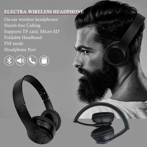Electra Wireless Headphones - Plastic Material, Standard Size, Matte Black | 4-in-1 Multi-Functional: Bluetooth, MP3 Player, FM Radio, Aux Wired Function