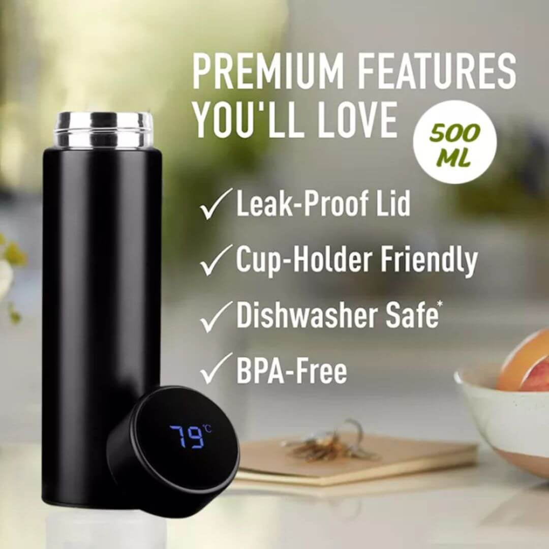 Smart Flask With Temperature Display - 304-grade Stainless Steel, 500ml Size | Waterproof Led Screen, Durable Heat & Cold Retention, Multicolor Design, Long Battery Life