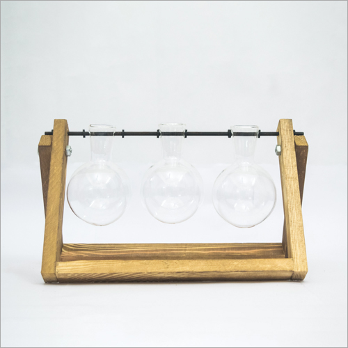 Glass Flask Planter - Bamboo Wood, Metal Detailing | Printed Design, Eco-friendly Home Decor