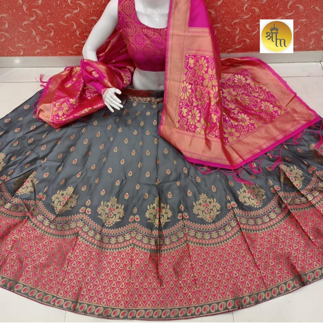 Wedding Lehenga - Banarasi Brocade Silk Fabric, Mini Order 9 Pcs | Customized Size, Printed Pattern, Sleeveless Design, Dry Clean Only