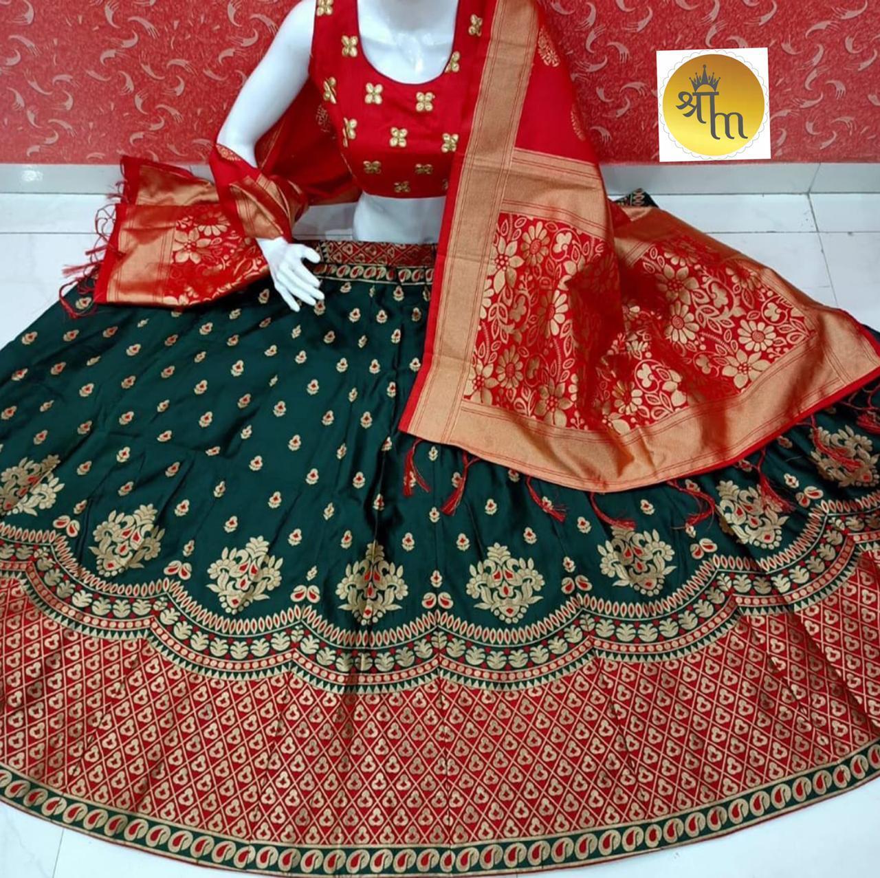 Wedding Lehenga - Banarasi Brocade Silk Fabric, Mini Order 9 Pcs | Customized Size, Printed Pattern, Sleeveless Design, Dry Clean Only