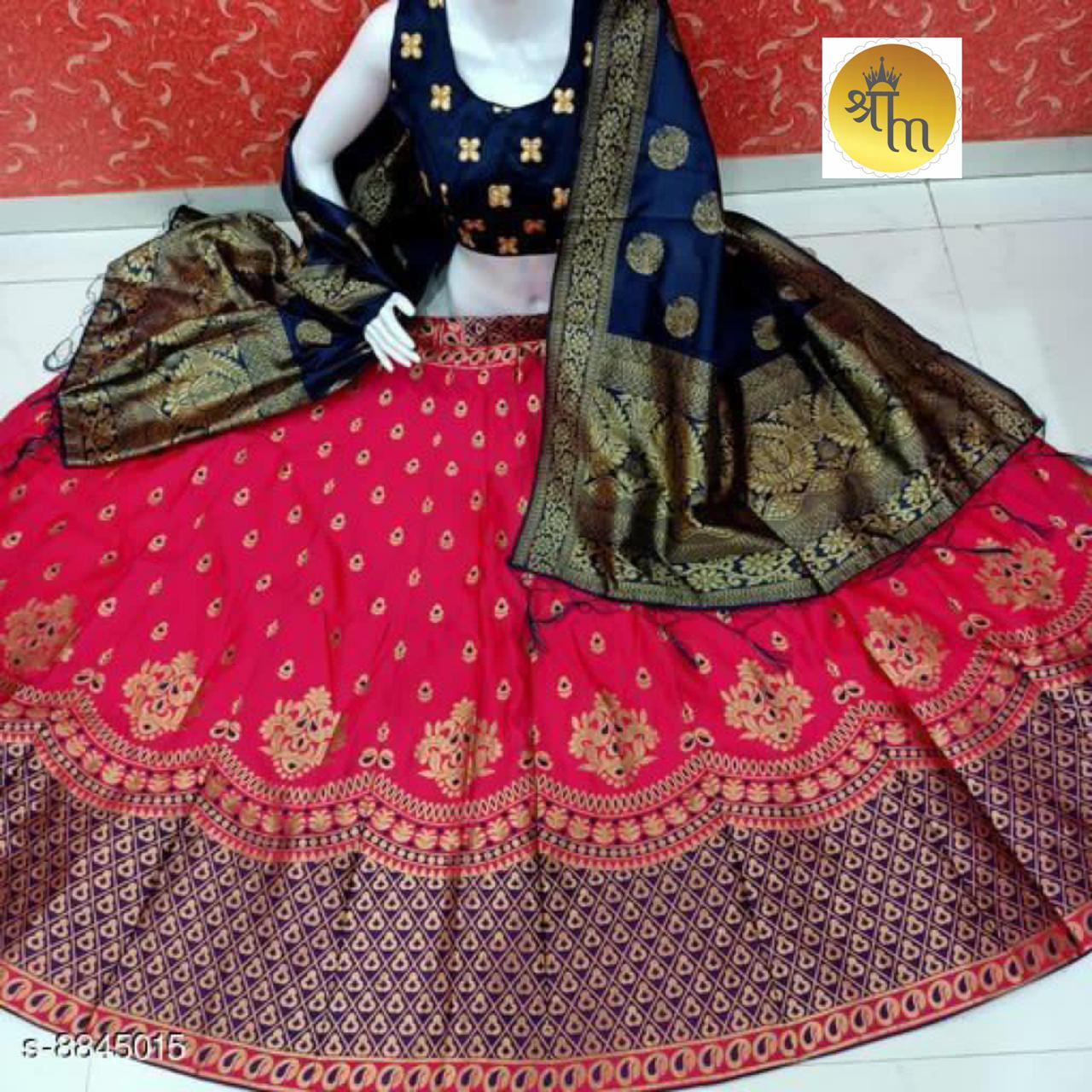 Wedding Lehenga - Banarasi Brocade Silk Fabric, Mini Order 9 Pcs | Customized Size, Printed Pattern, Sleeveless Design, Dry Clean Only