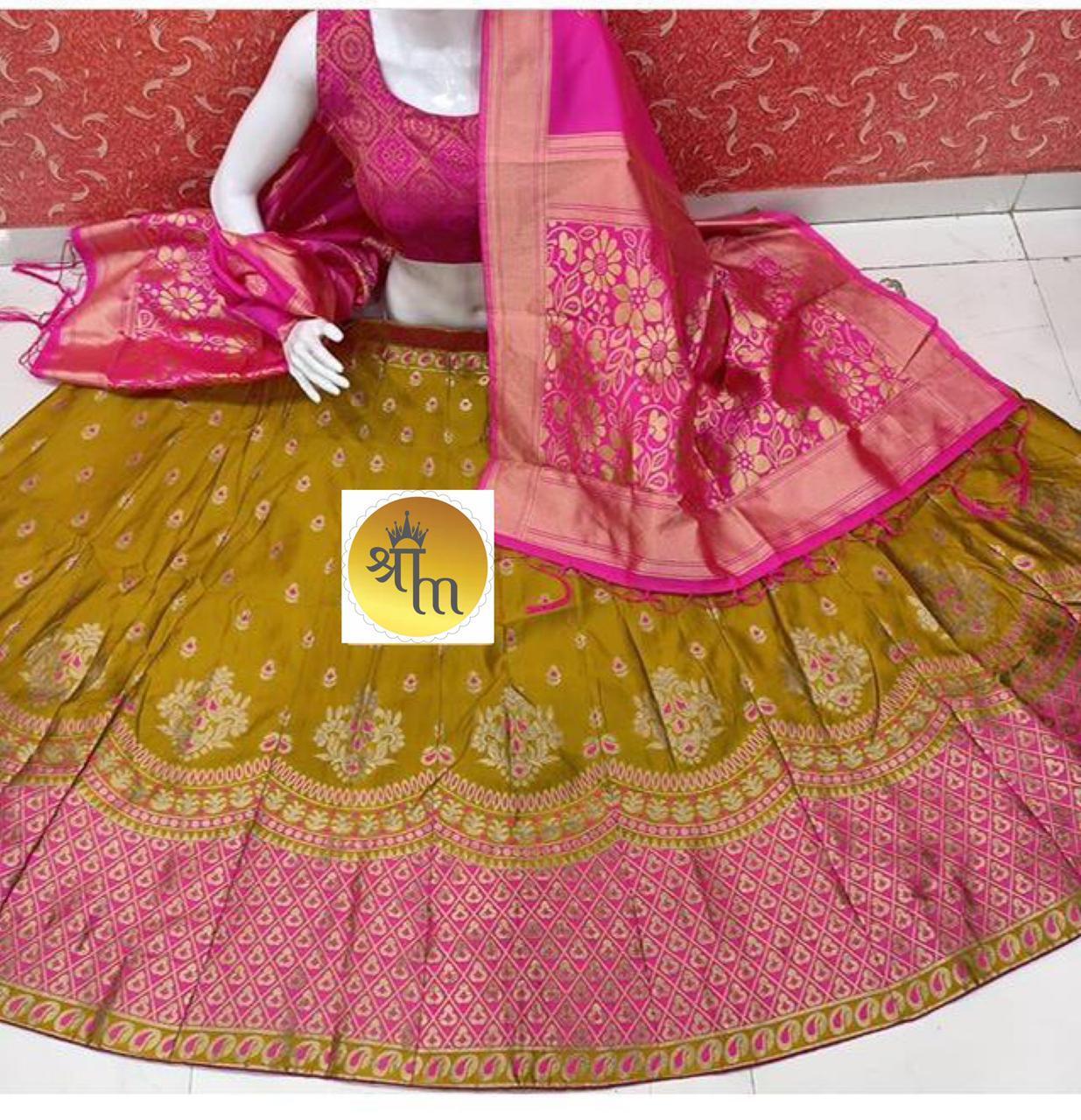 Wedding Lehenga - Banarasi Brocade Silk Fabric, Mini Order 9 Pcs | Customized Size, Printed Pattern, Sleeveless Design, Dry Clean Only