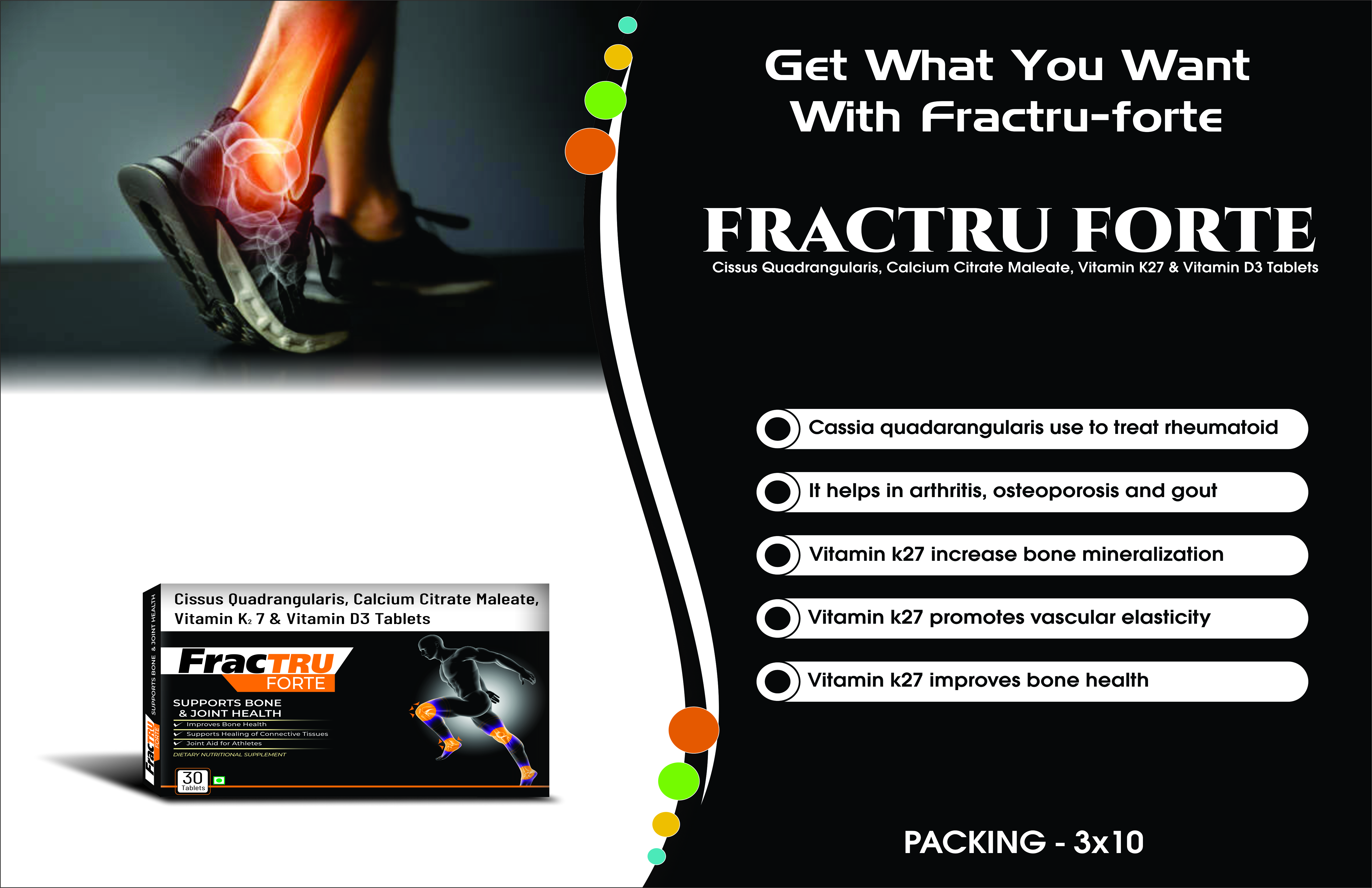 Truworth Fractru Forte Tablet - Cissus Quadrangularis Extract 2.5%, Calcium Citrate Maleate 600mg, Vitamins D3 & K27 , 98% Purity, Dry Storage Recommended