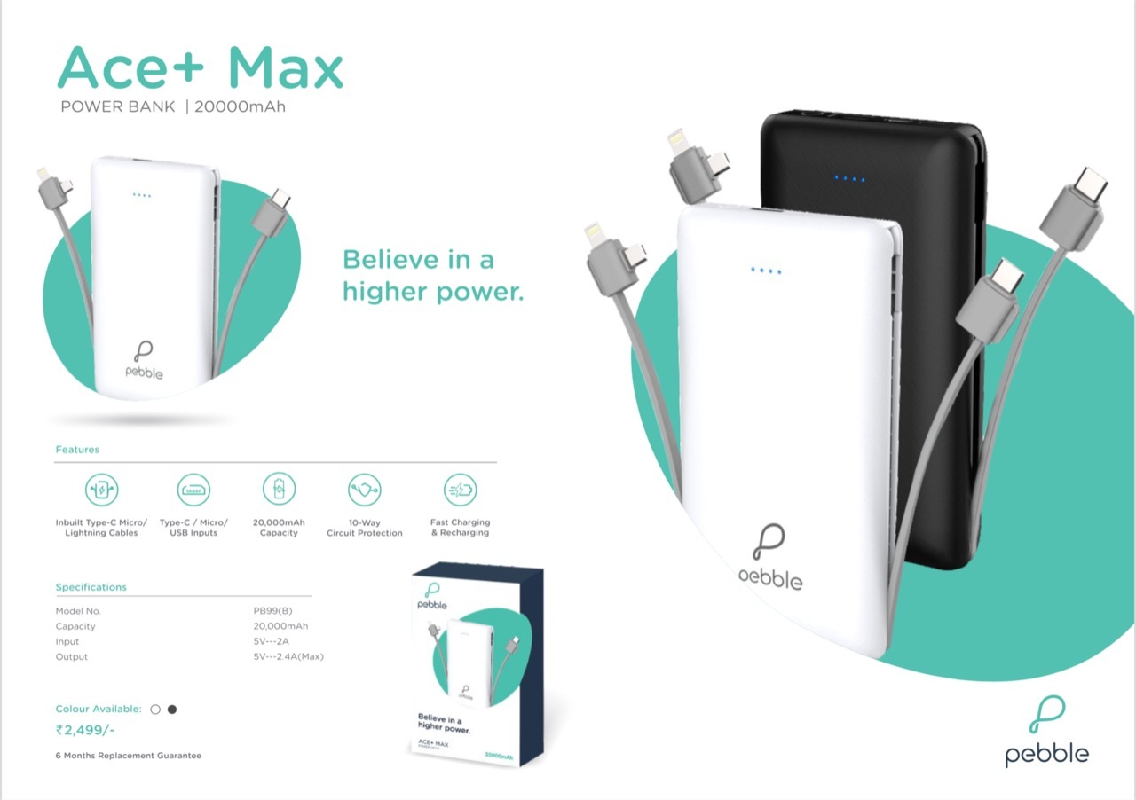 Black | White Pebble Ace+ Max 20000 Mah Power Bank