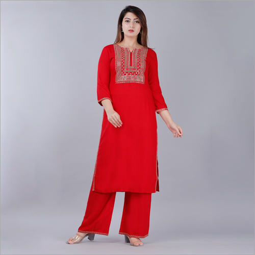 वॉशेबल रेयॉन स्लब रेड सीक्वेंस एम्ब्रॉयडरी स्ट्रेट कुर्ता प्लाज़ो सेट