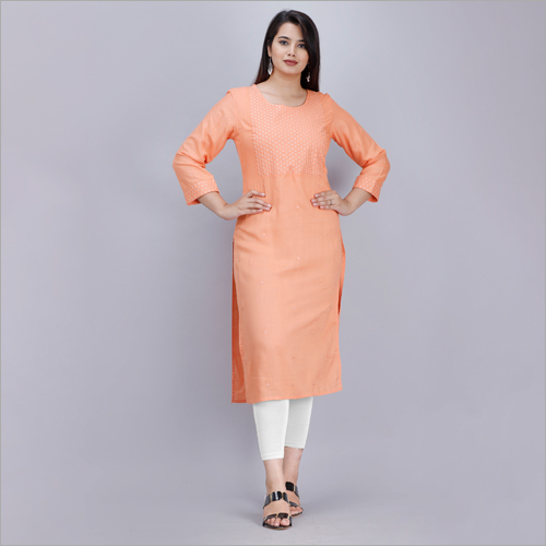नो फेड रेयॉन पीच फ्रंट एम्ब्रॉयडरी स्ट्रेट कुर्ती