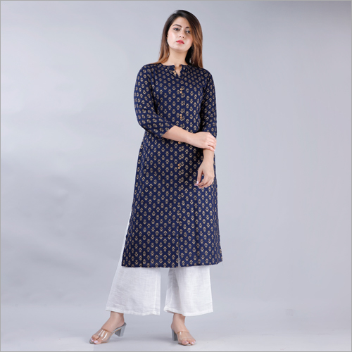 नो फ़ेड रेयॉन नेवी ब्लू गोल्ड प्रिंट स्ट्रेट कुर्ती