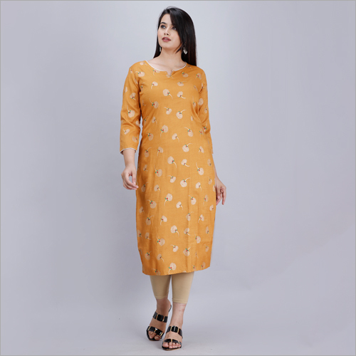 नो फ़ेड रेयॉन मस्टर्ड प्रिंटेड स्ट्रेट कुर्ती