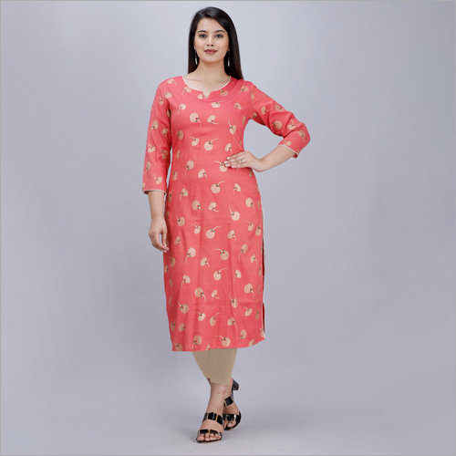 पीच रेयॉन पिंक प्रिंटेड स्ट्रेट कुर्ती