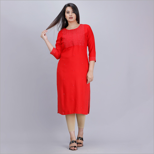 नो फेड रेयॉन रेड फ्रंट एम्ब्रॉयडरी स्ट्रेट कुर्ती