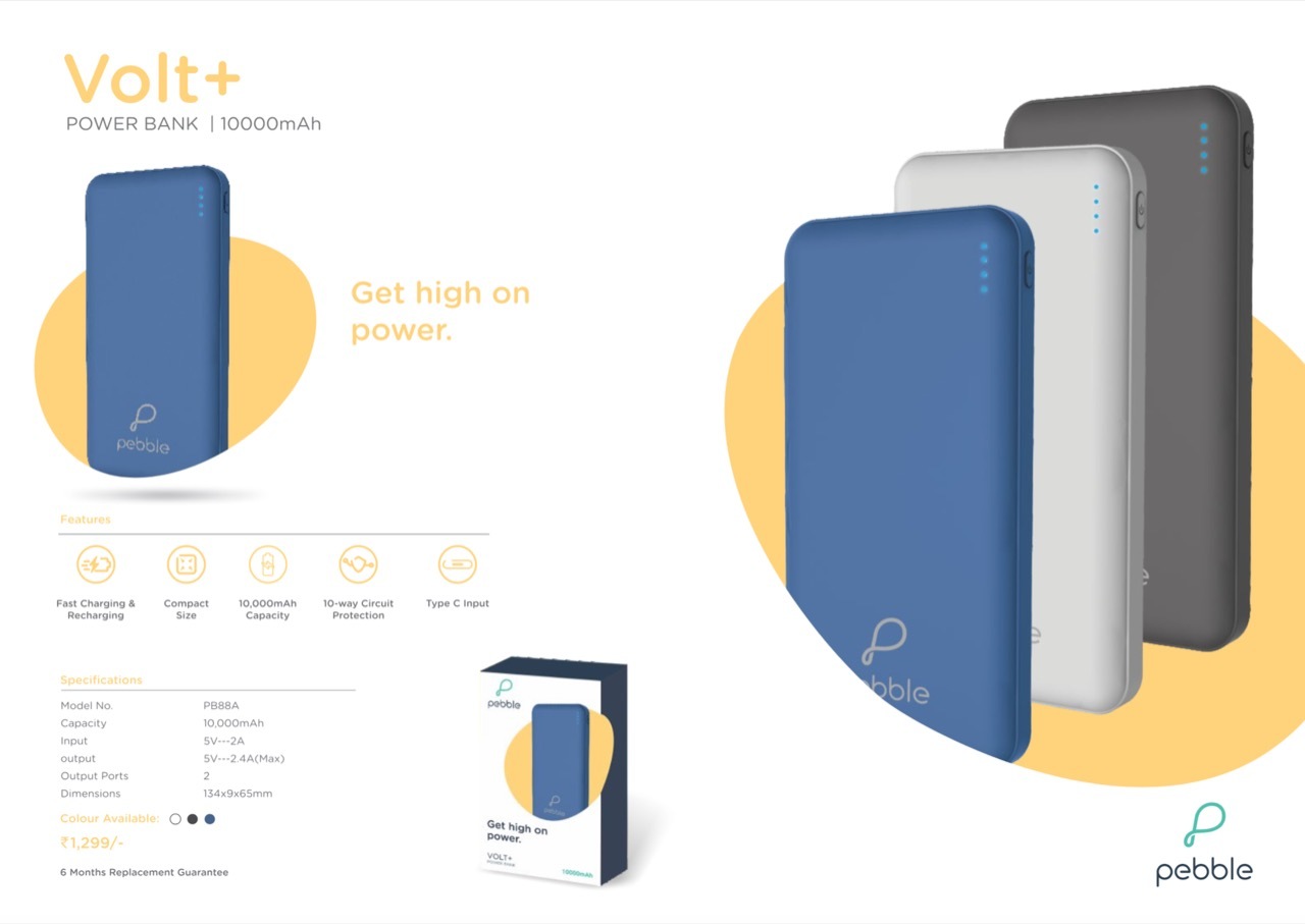 Pebble Volt Power Bank - 10000 Mah, Fast Charging & Recharging, 2 Usb Output Ports, 10 Way Circuit Protection, Micro Usb & Type-c Input, Available In Black, White, Blue, Includes Micro Usb Cable, 6 Months Replacement Warranty
