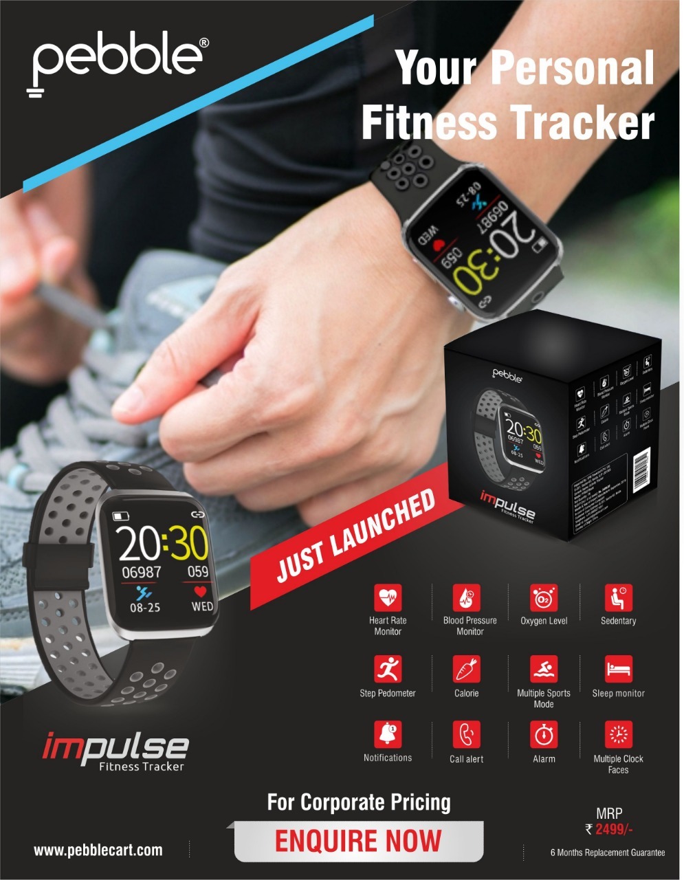 Black Pebble Impulse Fitness Tracker With Heart Rate And Bp Monitoring