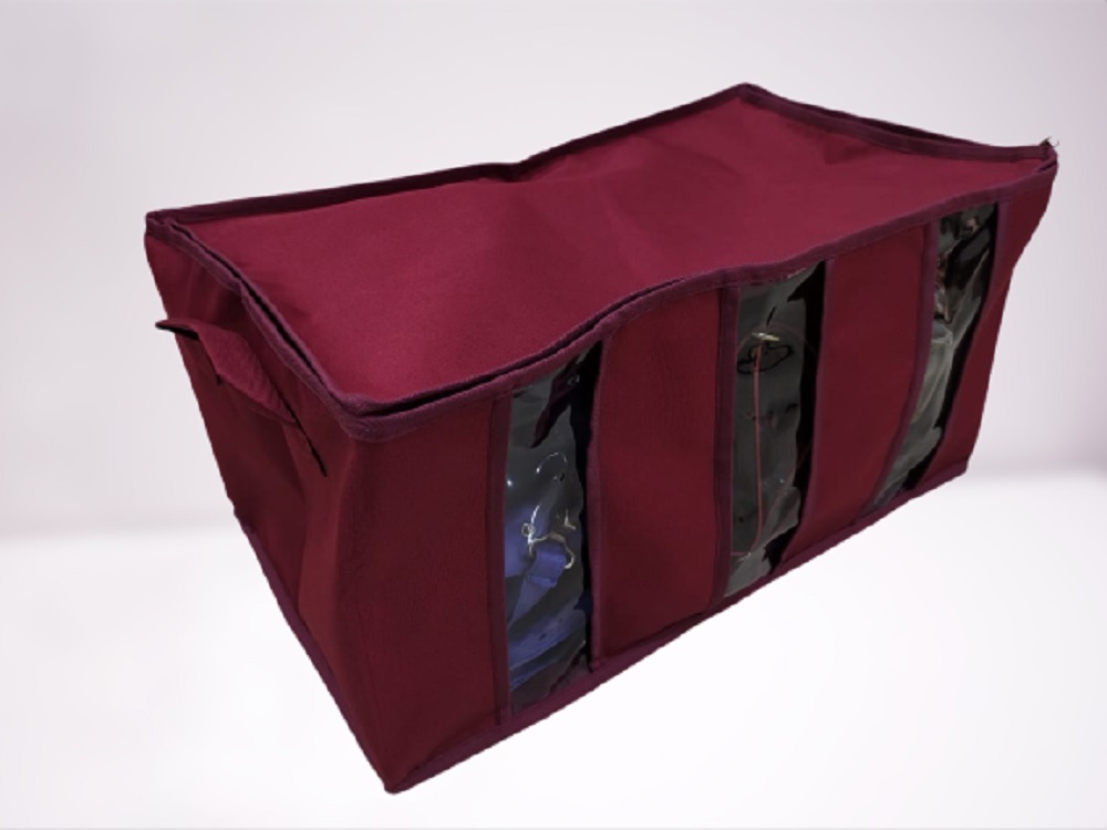 3 Partition Folding Storage Organizer - Canvas, 61 X 30.5 X 34 Cm, Maroon | Zipper Top, Customized Design & Size, Garments Storage Solution