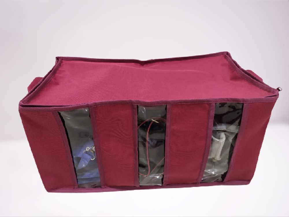 3 Partition Folding Storage Organizer - Canvas, 61 X 30.5 X 34 Cm, Maroon | Zipper Top, Customized Design & Size, Garments Storage Solution