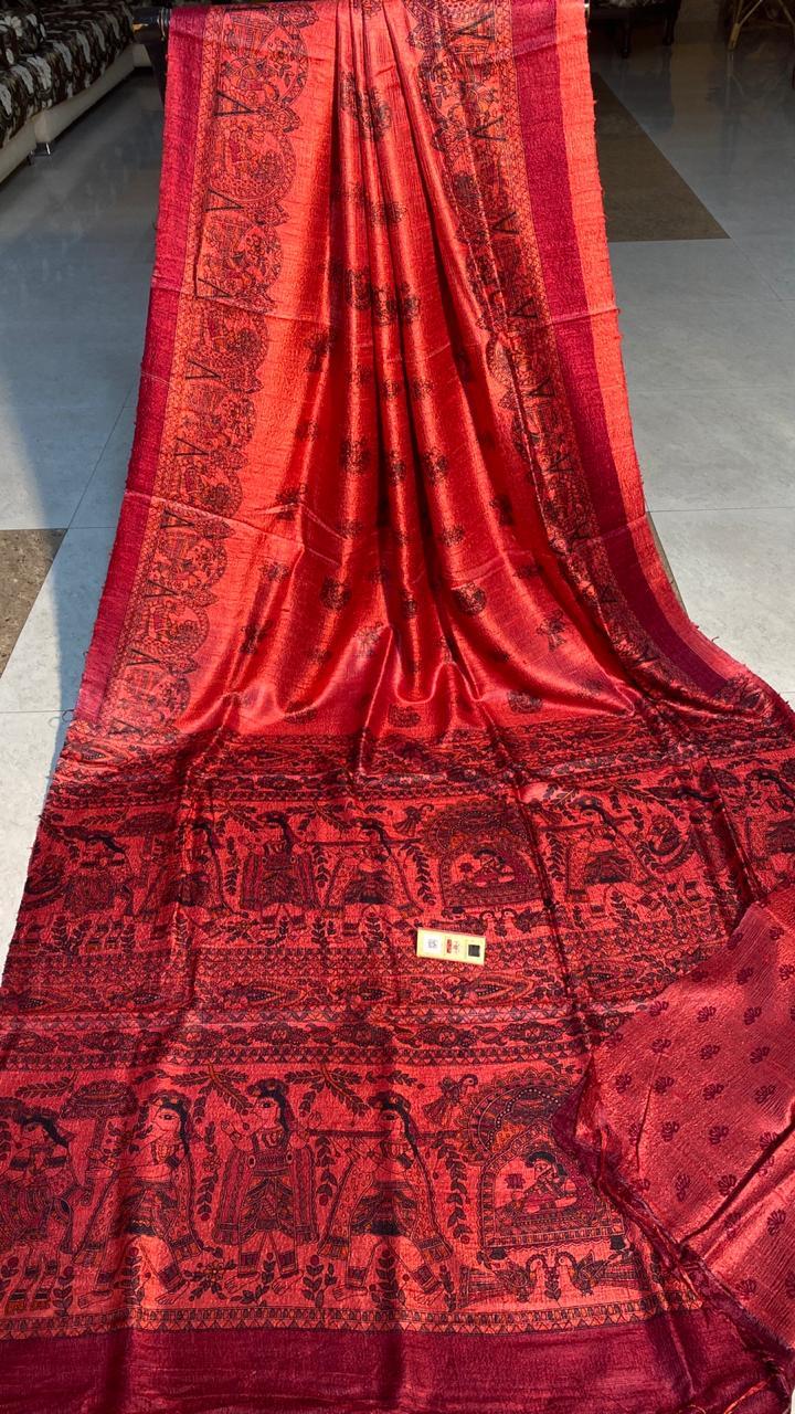 Party Wear Pure Dupion Raw Silk Handloom Block Printed Saree