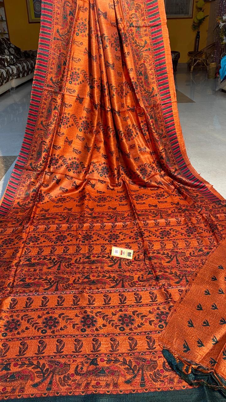 Party Wear Pure Dupion Raw Silk Handloom Block Printed Saree