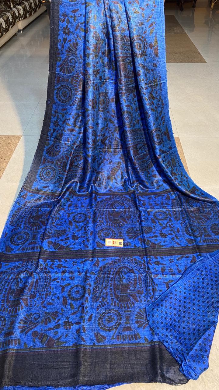 Party Wear Pure Dupion Raw Silk Handloom Block Printed Saree