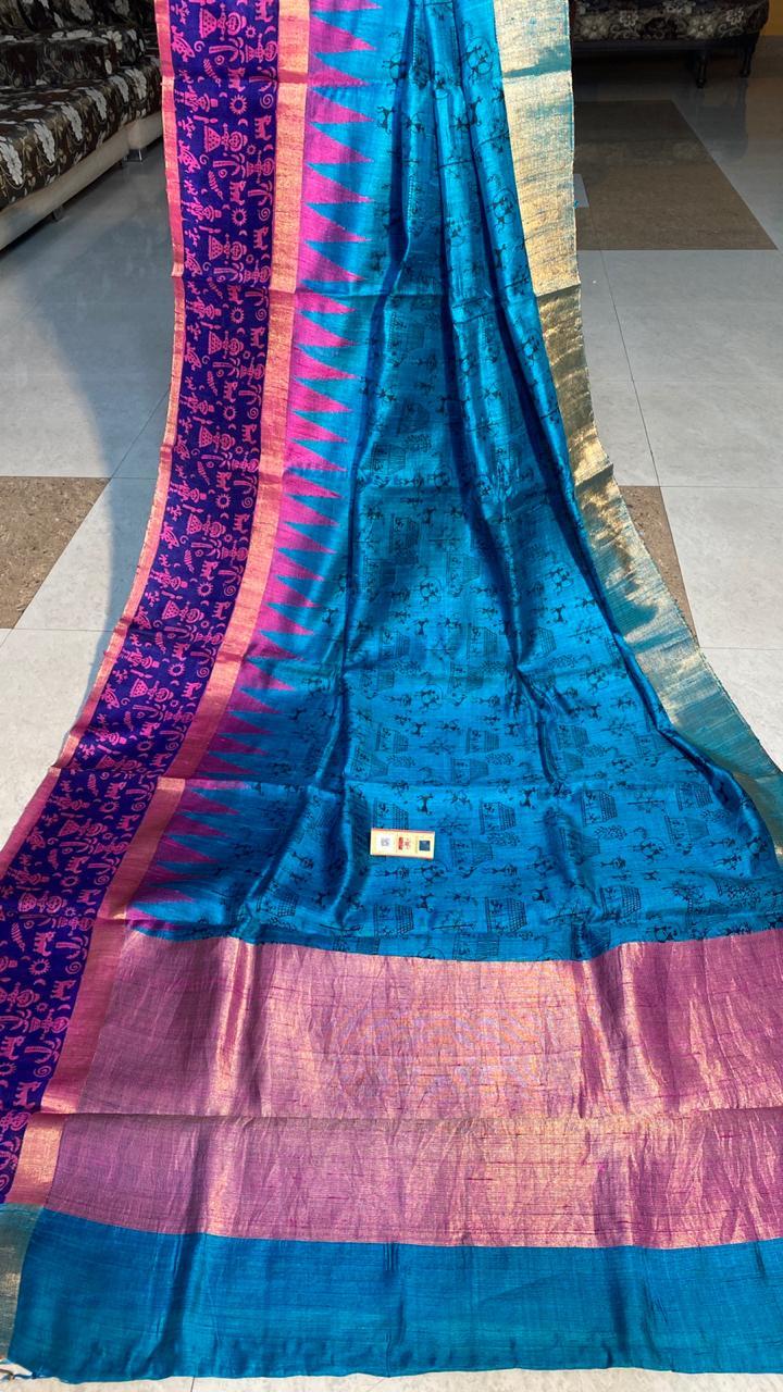 Party Wear Pure Dupion Raw Silk Handloom Block Printed Saree