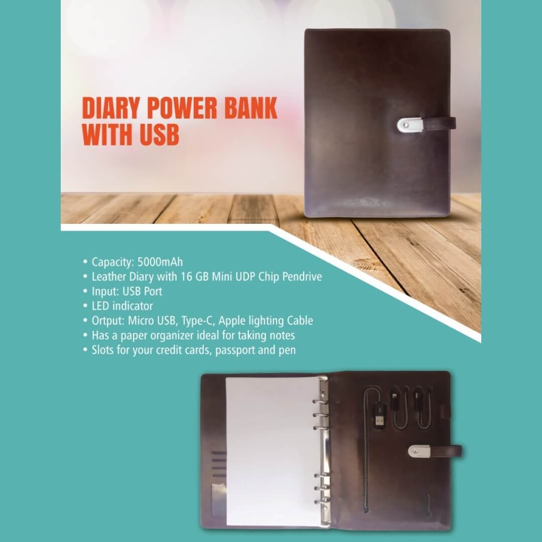 Premium Pu Leather Business Diary - 5000mah Power Bank With 16gb Usb Pen Drive | Sleek A5 Portfolio, Dual Charging Cables, Card Slots, Pen Hook