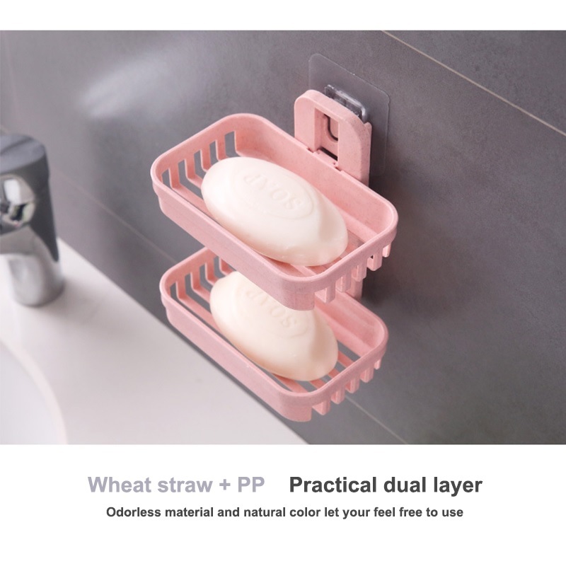 Double Layer Soap Dish Tray With Sticker - Wheat Straw, 13x7.8x15.3 Cm , Soap Case For Bathroom With Random Shade, Lightweight 150 Gms
