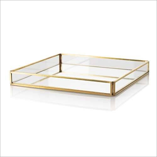 Frame - Glass & Metal, 10x10x2 Inches, Gold Color, Stylish Square Design for Displaying Items, Serving Food, Organizing Desk Items