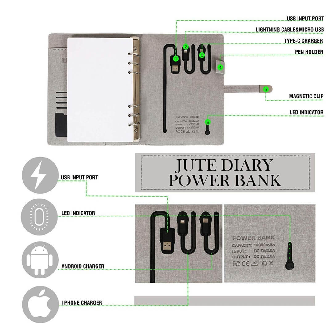 Jute Diary Power Bank 10000mah With Usb 16 Gb