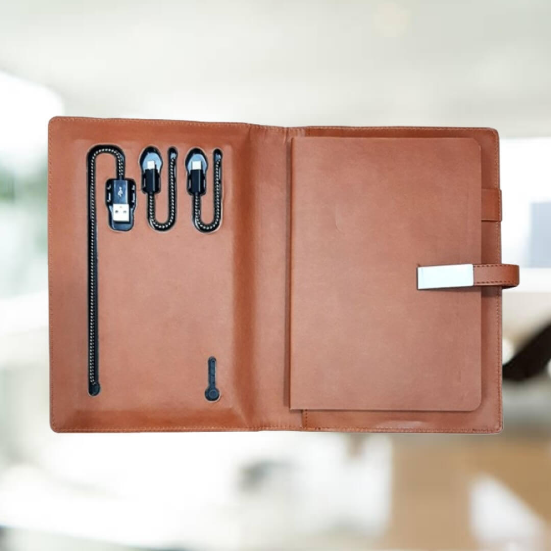 A5 Leather Notebook - 5000mah Built-in Power Bank, Dual Charging Cables, Premium Leatherette, Multiple Card Slots And Cash Storage