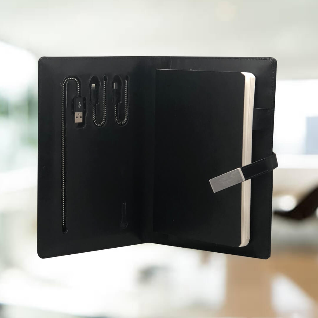 A5 Leather Notebook - 5000mah Built-in Power Bank, Dual Charging Cables, Premium Leatherette, Multiple Card Slots And Cash Storage