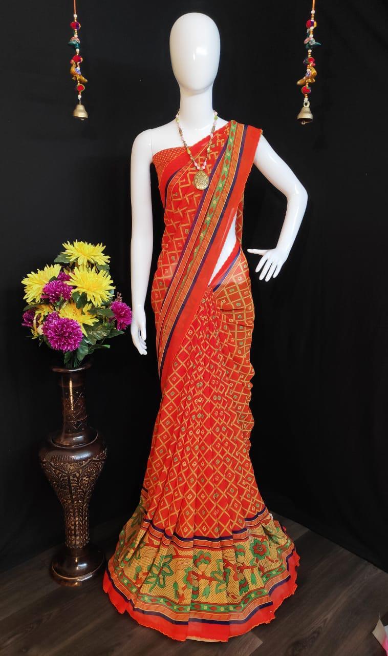 Bandhani Print Saree - Heavy Pure Cotton, 5.50 Meters With 0.80 Meters Blouse | Breathable, Washable, Light Weight Fabric For All Seasons