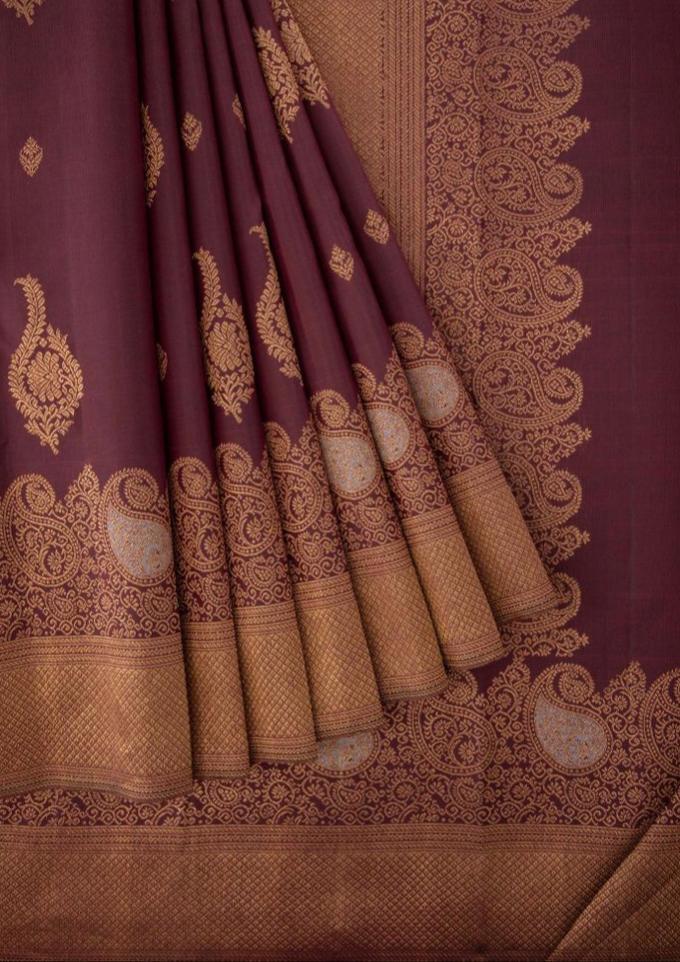 Kanchipuram Silk Saree - 5.5m With Pallu And Blouse, Deep Maroon Shade With Zari Buttars, Ideal For Festivals And Functions