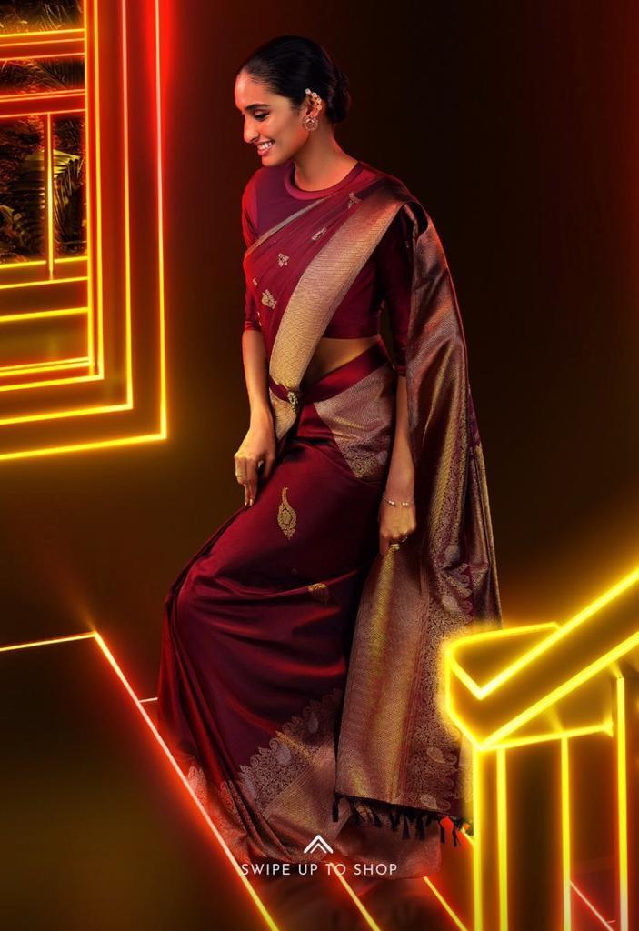 Kanchipuram Silk Saree - 5.5m With Pallu And Blouse, Deep Maroon Shade With Zari Buttars, Ideal For Festivals And Functions