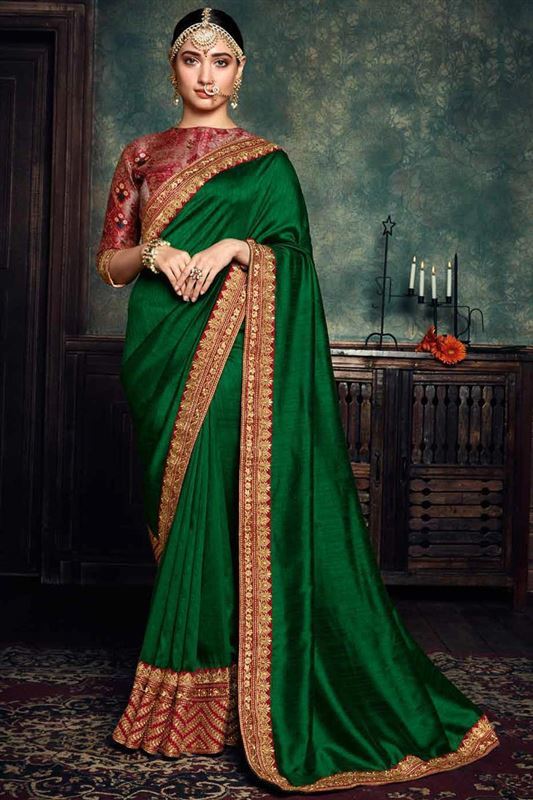 Vichitra Silk Saree - 5.5 Mtr Length, Multi Colour With Embroidery Lace & Bollywood Style